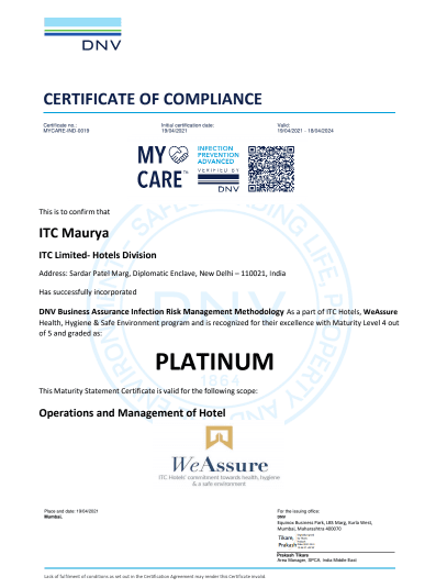 Maurya ITC Hotels 1st hotel chain in the world to receive PLATINUM certification under DNV’s My Care