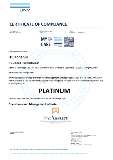 kohenur ITC Hotels 1st hotel chain in the world to receive PLATINUM certification under DNV’s My Care