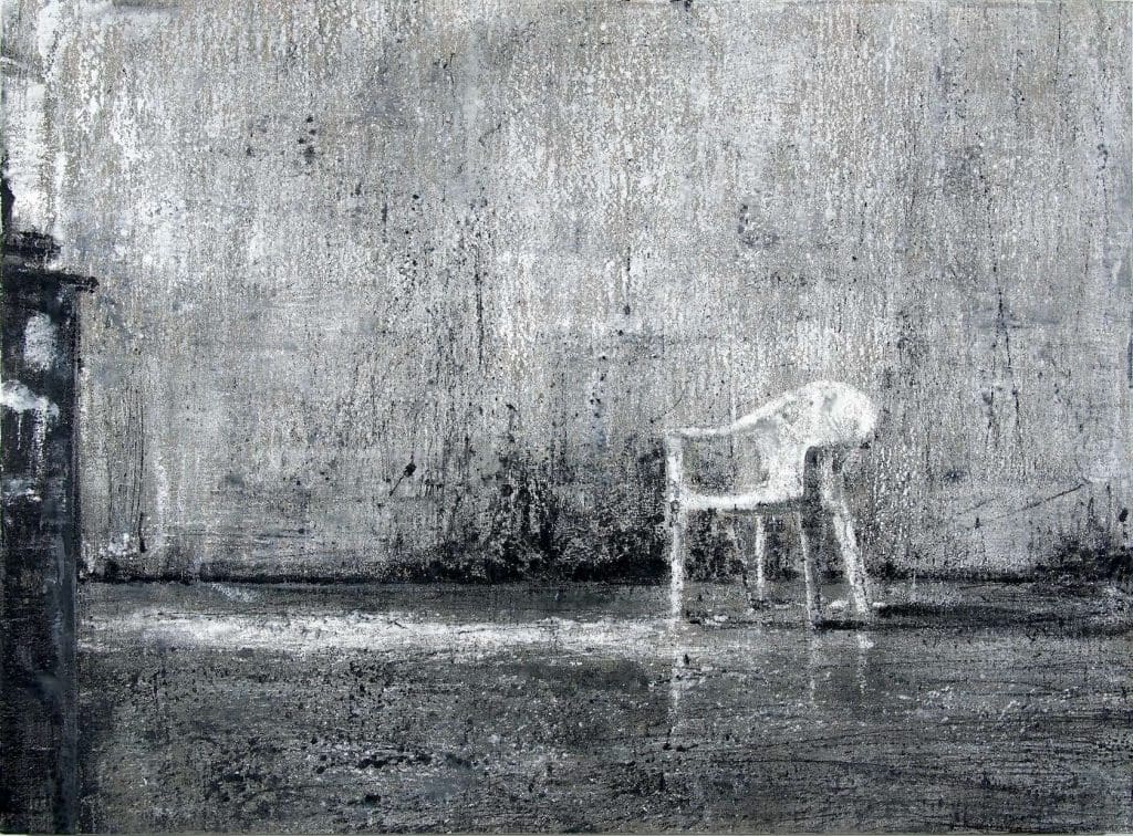 Eye of the Storm unveils a series of 15 canvases by famous painter Philippe Cognee 1 White Chair in Studio, 2021 - PHILIPPE COGNEE
