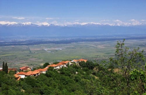 The view on Alazani valley and Caucasus Mountains, Kakheti wine region, Georgia