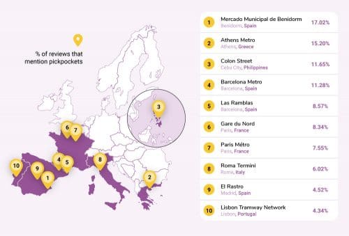 Map Top 10 destinations where travellers are most likely to get pickpocketed in the world