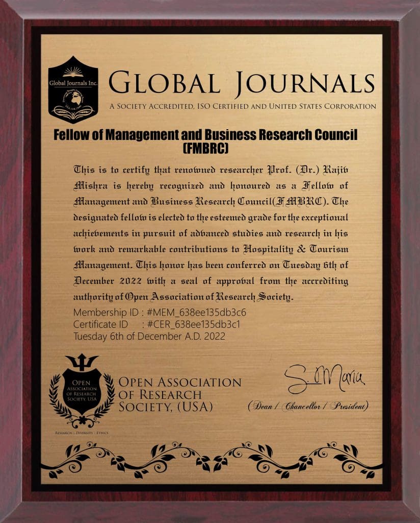 Professor (Dr.) Rajiv Mishra of Galgotias University is conferred Fellowship by the Open Association of Research Society, United States