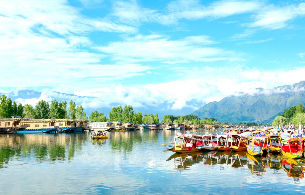 Many traditional boats are in the Dal lake of Srinagar, Jammu and Kashmir, India. Scenic Kashmir