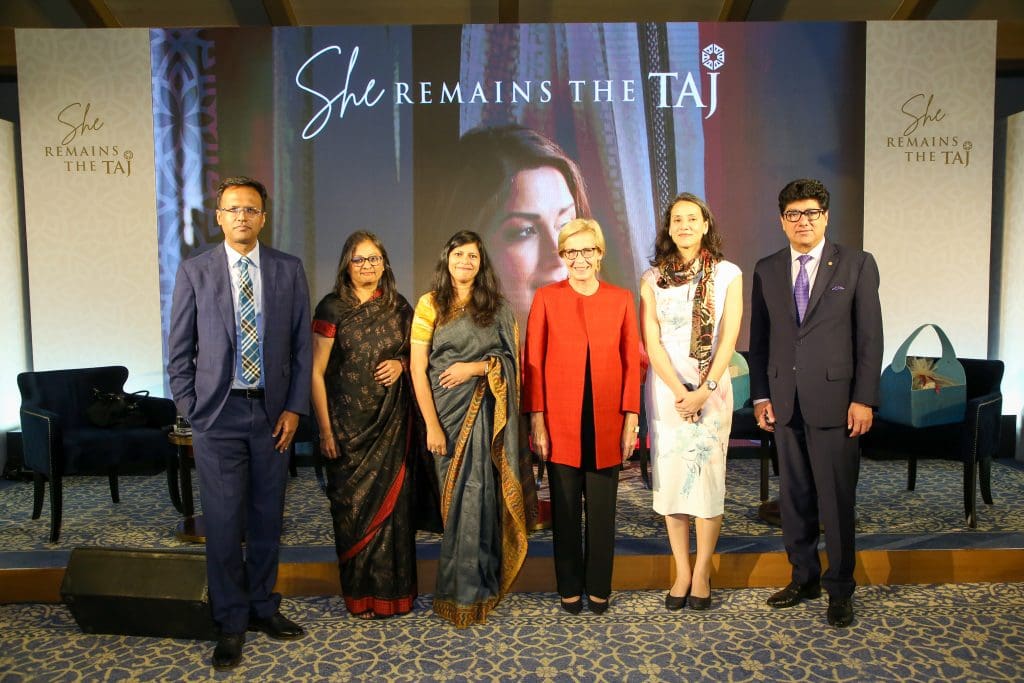 Panellists from Right to Left Puneet Chhatwal, Managing Director & CEO, IHCL, Sanjukta Parasor, Indian Police Service, H.E. Ritva Koukku-Ronde Ambassador of Finland to India, Ritu Garg, Chief Growth & Innovation Officer Fortis Healthcare, Satyavati Berera, Partner, PwC India and moderator Nikunj Dalmia.