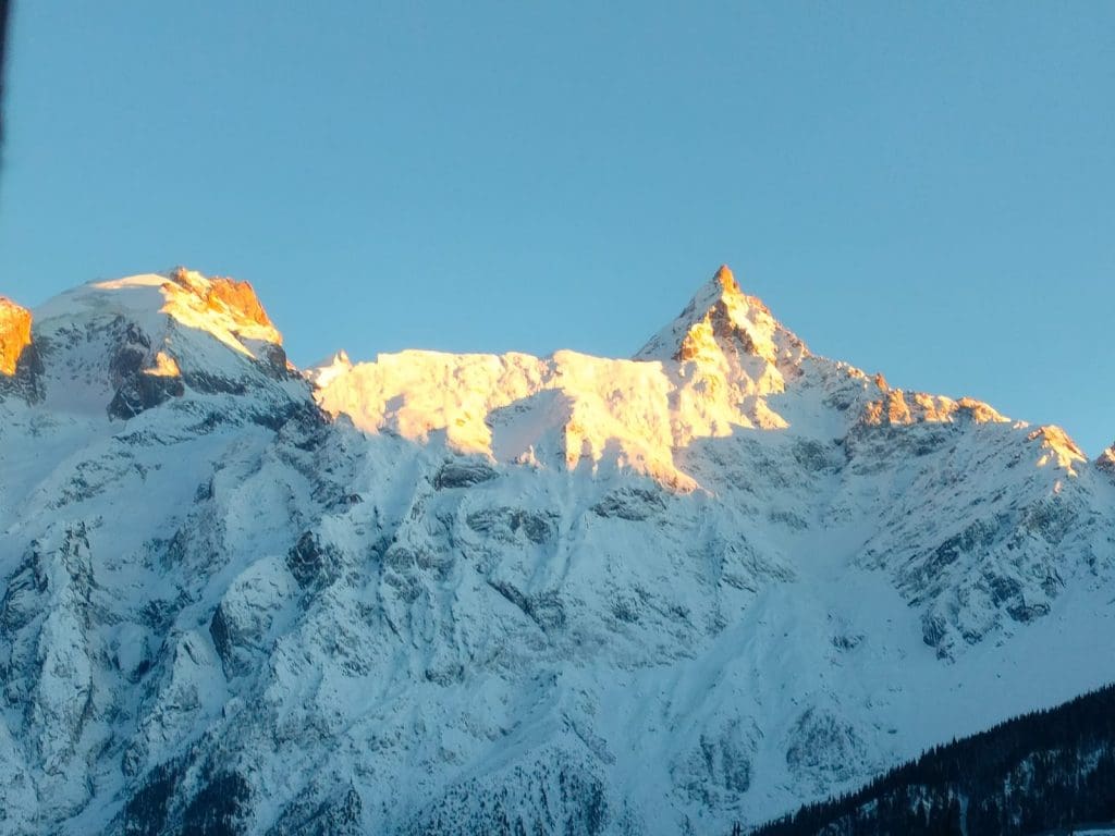 Sun-kissed Kinner Kailash peak as viewed from Kalpa Village