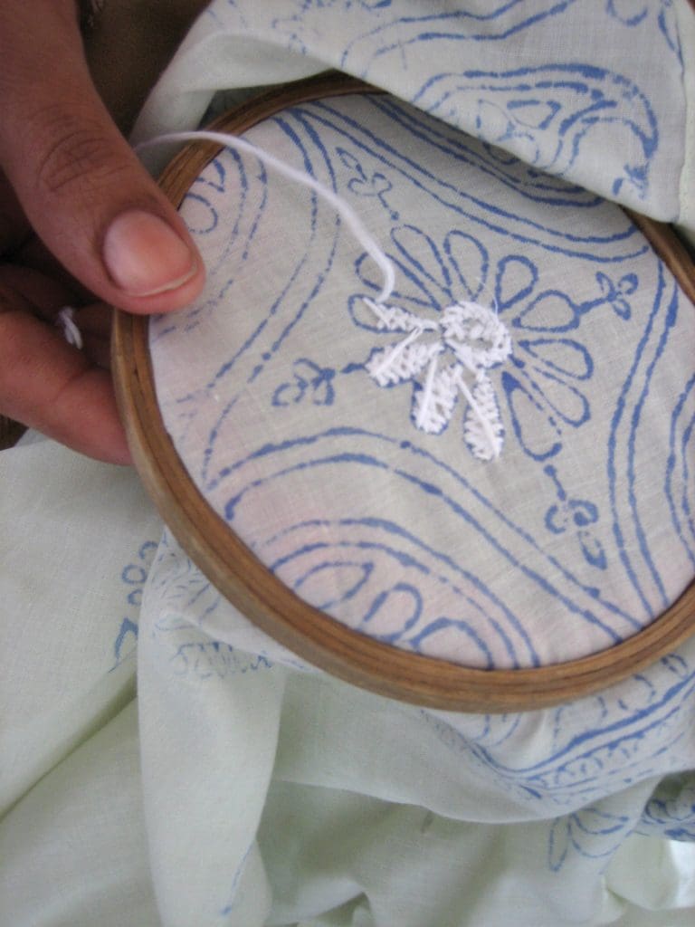 Chikan embroidery -- the back. The cross-stitches give the shapes a raised appearance.Image courtesy: Joey Berzowska via Wikipedia Commons