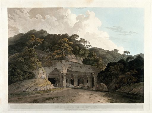 Entrance to a cave on the island of Elephanta, near Bombay, Maharashtra, India. Coloured aquatint by T. and W. Daniell, 1800. 