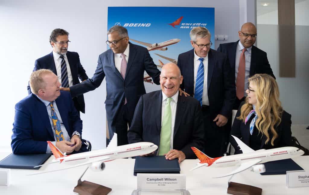 Left to Right (Sitting): Stan Deal, President and CEO of Boeing Commercial Airplanes, Campbell Wilson, CEO & MD, 
Stephanie Pope, President and CEO of Boeing Global Services. Left to Right (Standing): Rémi Maillard, President and MD, Airbus India and South Asia, Nipun Agarwal, Chief Commercial and Transformation Officer, Air India, Guillaume Faury, CEO, Airbus, N. Chandrasekaran, Chairman of Tata Sons and Air India