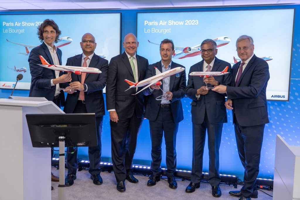 Left to Right: Rémi Maillard, President and MD, Airbus India and South Asia, Nipun Agarwal, Chief Commercial and Tranformation Officer, Air India, Campbell Wilson, CEO & MD, Air India, Guillaume Faury, CEO, Airbus, N. Chandrasekaran, Chairman of Tata Sons and Air India, and Christian Scherer, Chief Commercial Officer and Head of International, Airbus