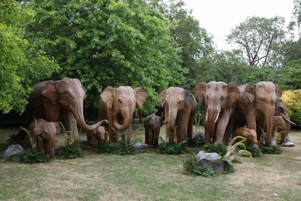 LONDON, ENGLAND - JUNE 28: A general view of elephant sculptures made of lantana weed during The Animal Ball at Lancaster House on June 28, 2023 in London, England. (Photo by Tim P. Whitby/Getty Images for The Animal Ball )