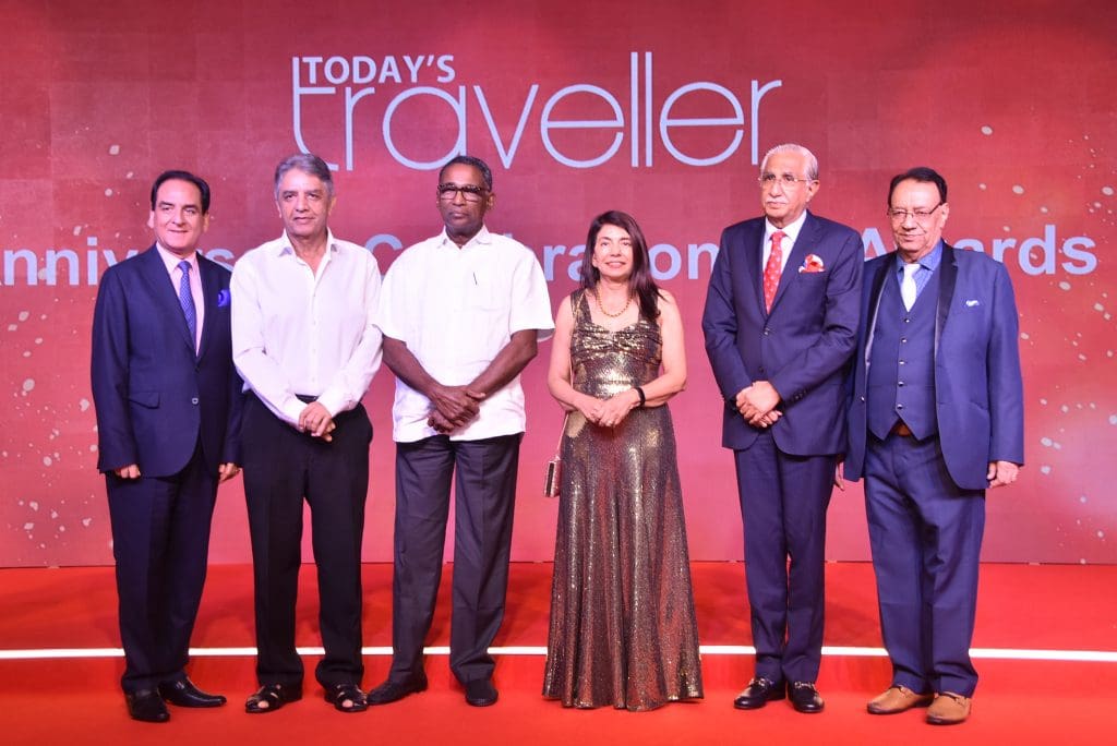 Cover Launch of Today's Traveller Collector's Issue titled "Transformation" by
L-R: KB Kachru, Chairman Emeritus & Principal Advisor, South Asia, Radisson Hotel Group; Vinod Kumar Duggal, Former Governor, Manipur and Mizoram; Justice Jasti Chelameswar, Former Judge, Supreme Court of India; Kamal Gill, Executive Editor and Managing Director, Gill India Group; Nakul Anand, Executive Director, ITC Limited; Kewal Gill, Chairman, Gill India Group