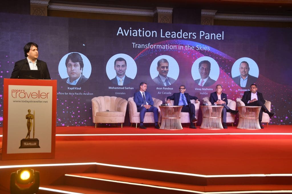 L-R: Kapil Kaul, CEO – South Asia, Centre for Asia Pacific Aviation; Mohammad Sarhan, Vice President – India and Nepal, Emirates, Arun Pandeya, General Manager and Country Head, Air Canada, Vinay Malhotra, Head of Global Sales, IndiGo, and Praveen Iyer, Co-Founder and Chief Commercial Officer, Akasa Air
