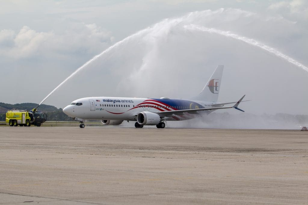 737 8 2 Malaysia Aviation Group's first Boeing 737-8 lands in Kuala Lumpur to a water salute