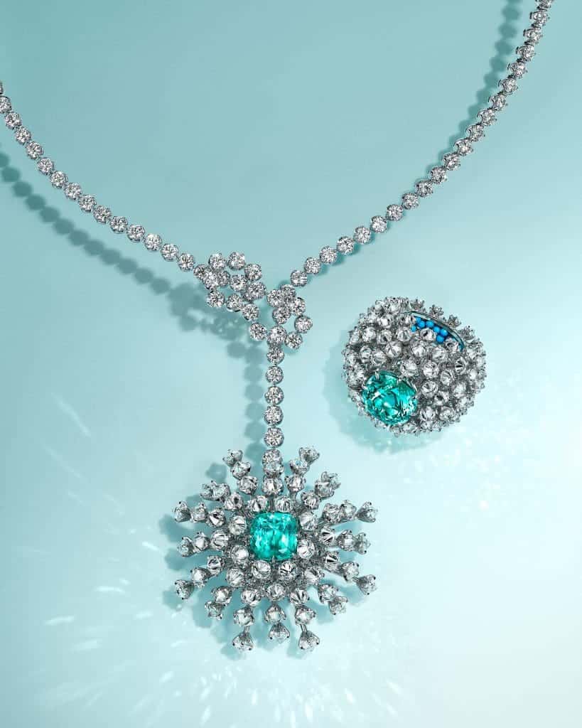 Tiffany & Co Pendant in 18k White Gold with a Blue Cuprian Elbaite Tourmaline of over 6 carats, Turquoise, and Diamonds from the 2023 Tiffany Blue Book Collection. Photo Credit: Tiffany & Co.