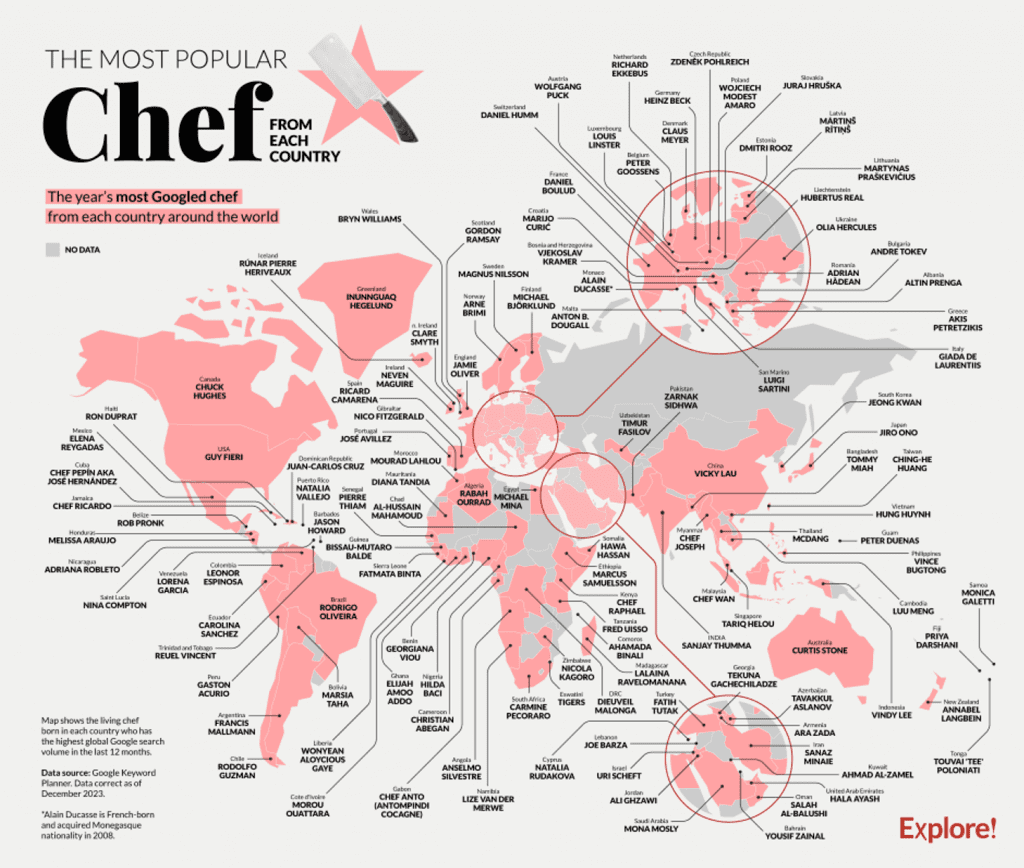Map Revealing Each Country's Most Popular Chefs