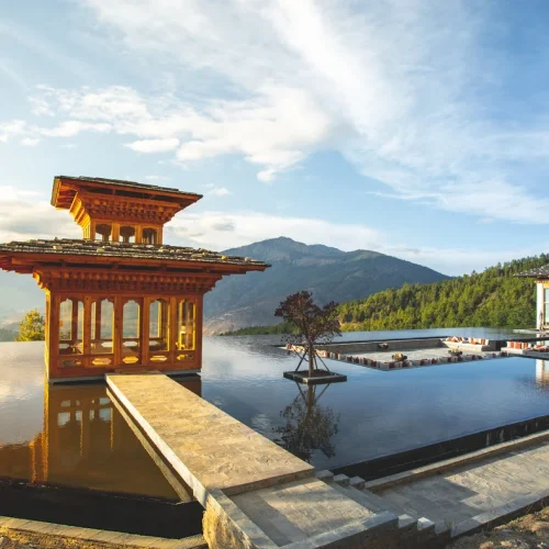 Praying Pavilion at Reflecting Pond - Six Senses Bhutan - Eco Luxe Escapes