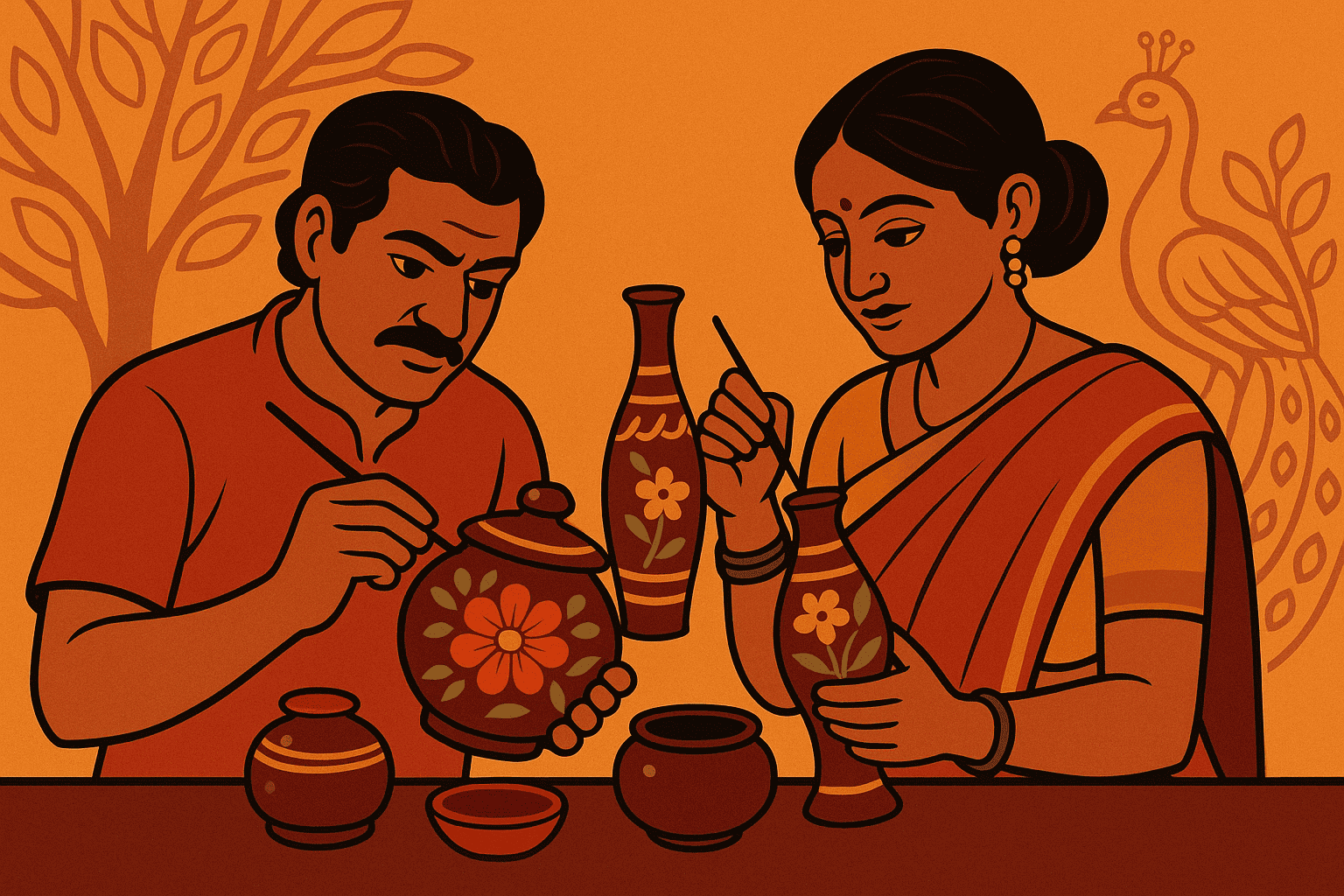 The lacquer arts of Tamil Nadu and Ernakulam are well renowned in India. The themes and patterns draw influence from a variety of sources, including myths, folklore, and other performing arts.
