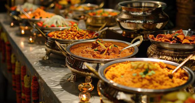 A vibrant spread of modern Indian wedding delicacies, where tradition meets creativity. From tapas-style chaats to live dosa bars and wellness desserts, 2025’s wedding menus are a joyful celebration of culture, flavour, and unforgettable guest experiences. Courtesy: blog.venuelook.com