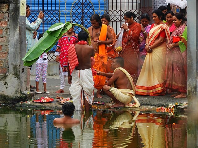 In Bengal, Ganesha on Durga Puja is associated with a plantain (banana) tree, the "Kola Bou" (also spelled Kola-Bou), ritually transformed into a goddess during the festival. Courtesy- Goutam1962, Wikimedia