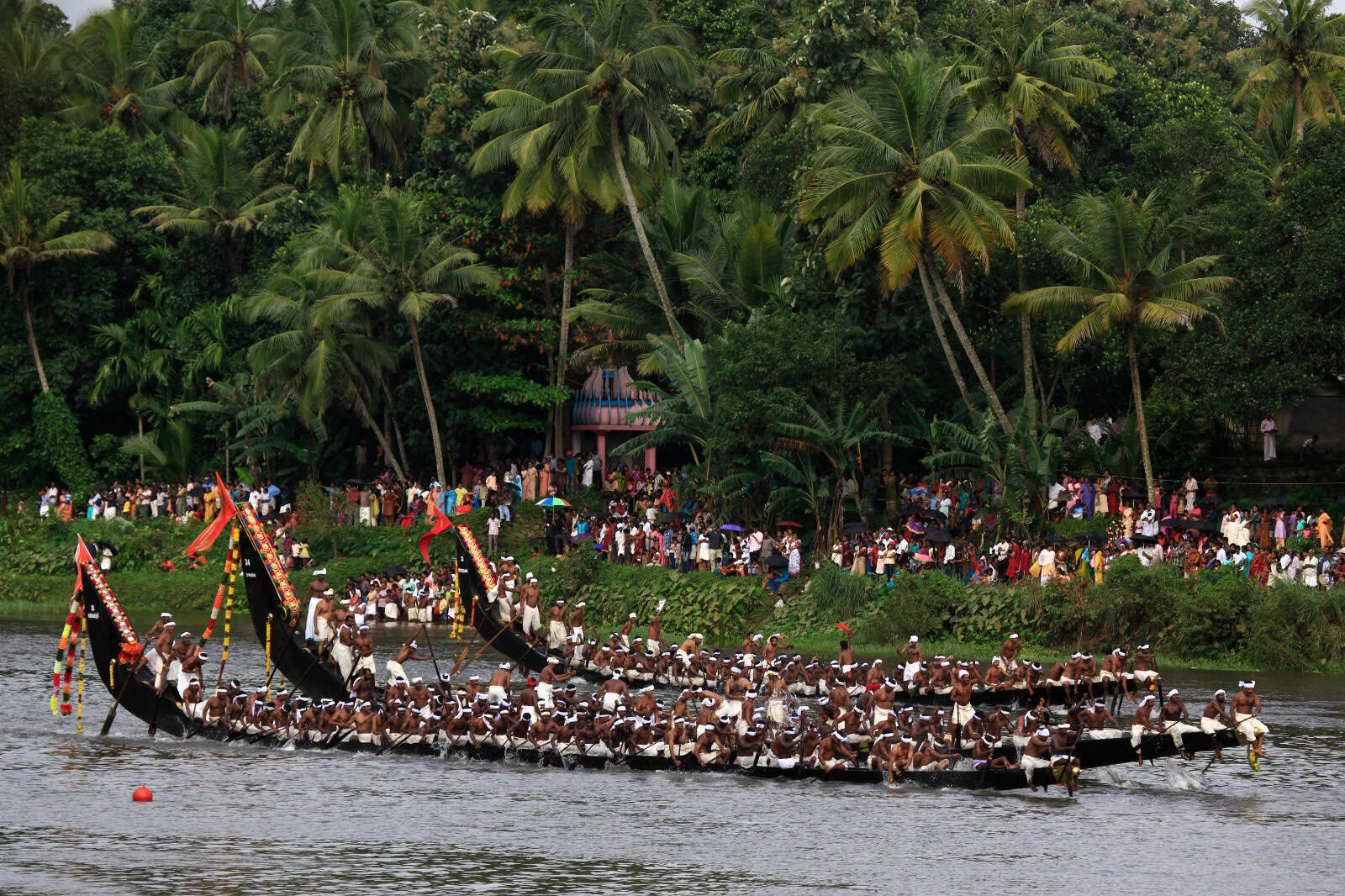 Vallamkali, or boat-race, is a fiercely-contested friendly water-festival during Onam. Snake-boats, measuring 120 feet and with 80-plus paddlers, row with full spirit and energy to emerge first at the races that are key to the occasion, more so in the southern coastal districts.