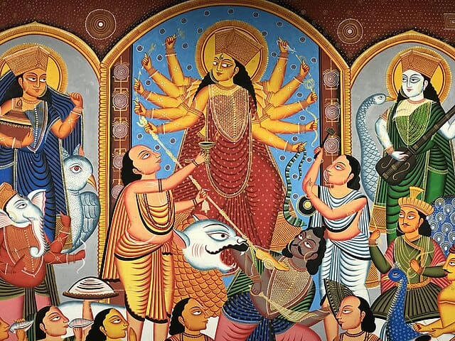 A beautiful painting of a scene from the Durga Puja. Courtesy- shankar s., Wikimedia