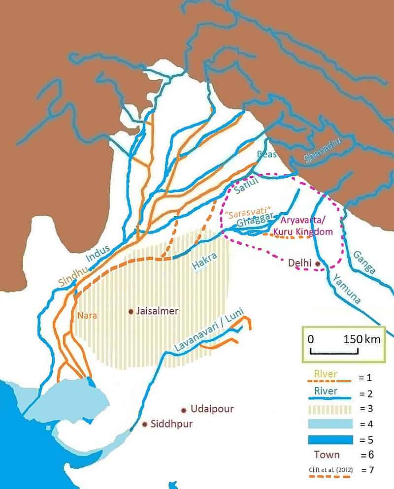Majority sites of the Harappa Civilisation are actually located on the now dried Saraswati river where the palaeochannel has been extensively studies. The remnants of the river is seen in the season Ghaggar-Hakra river. Several scientific publication found the Saraswati palaeochannel running along the Ghagar river. Courtesy: Wikipedia