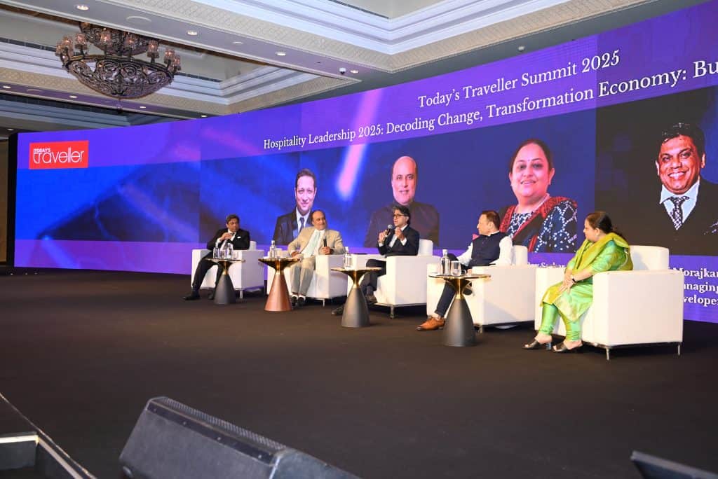 The panel discussion “Transformation Economy: Building Growth That Lasts” at the Today’s Traveller Summit & Awards 2025 brought together industry visionaries Arjun Sharma, Chairman, Select Group; Jimmy Mistry, Founder and CMD, Della Group; Suraj Morajkar, Chairman and Managing Director, Sun Estate Developers; and Debasree Roy Sarkar, Managing Director, Peerless Hotels Limited. The session was expertly moderated by Jaideep Dang, Head of Development, South West Asia, IHG Hotels and Resorts.