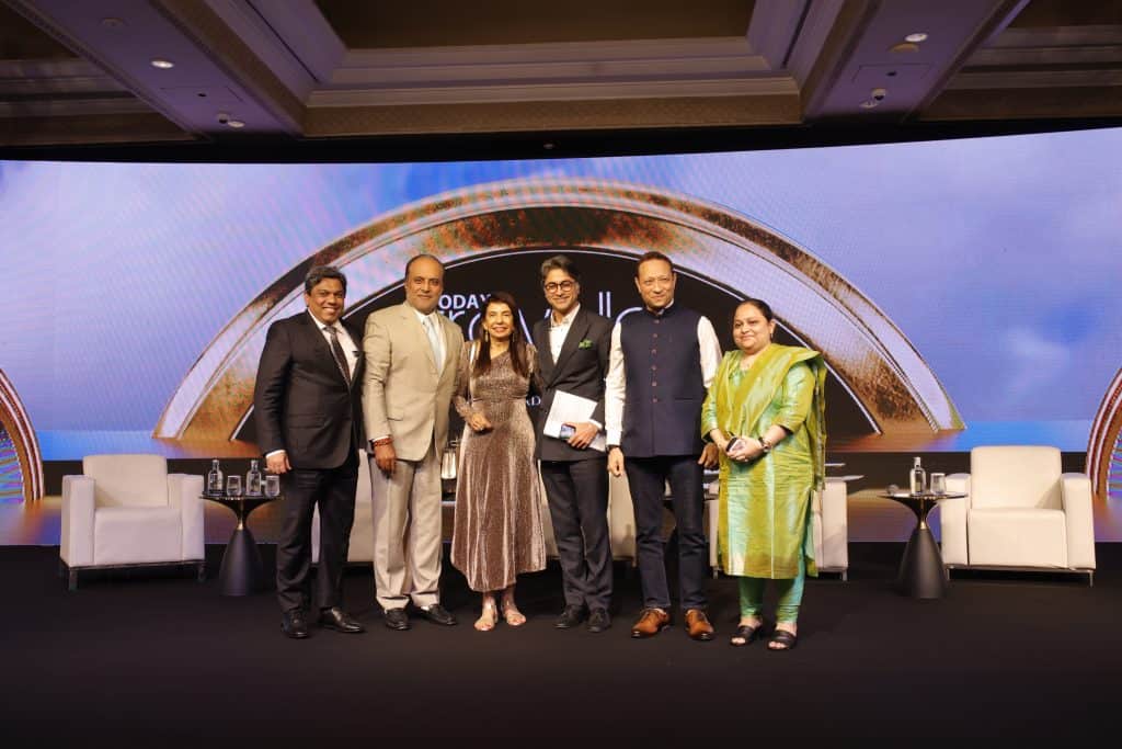 Arjun Sharma, Chairman, Select Group; Jimmy Mistry, Founder and CMD, Della Group; Suraj Morajkar, Chairman and Managing Director, Sun Estate Developers; Debasree Roy Sarkar, Managing Director, Peerless Hotels Limited; Moderator Jaideep Dang, Head of Development, South West Asia, IHG Hotels and Resorts; and Kamal Gill, Executive Editor, Today’s Traveller and Managing Director, Gill India Group, at the Transformation Economy: Building Growth That Lasts panel during the Today’s Traveller Summit & Awards 2025.