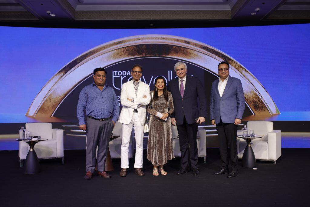 Atul Dangayach (Dangayach Group), Vikram Sukhani (Sukhani Ventures), Amit Saraf (Juniper Hotels Ltd), Moderator Rajiv Kaul (Kaul Advisory), and Kamal Gill, Executive Editor, Today’s Traveller, and Managing Director, Gill India Group, at the Hospitality Investment Horizons: India’s Growth Corridors panel during the Today’s Traveller Summit & Awards 2025.
