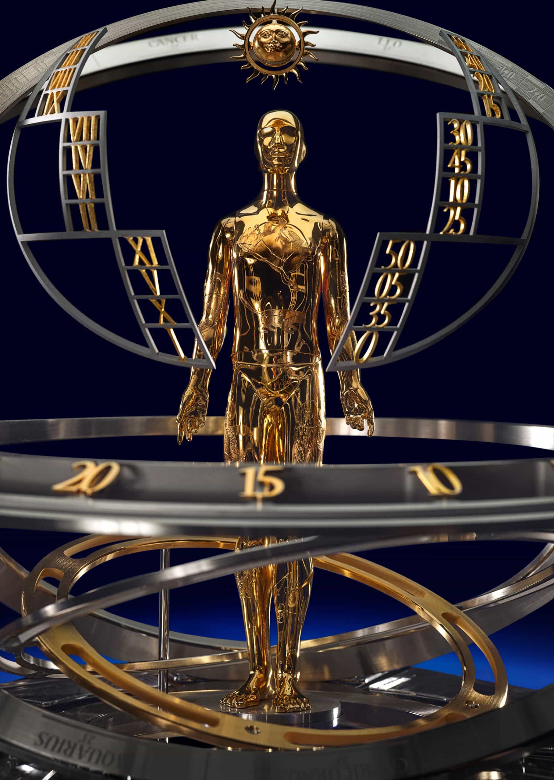 The centrepiece of the clock is The Astronomer, an automaton positioned beneath a glass dome depicting the constellations visible from Geneva on 17 September 1755