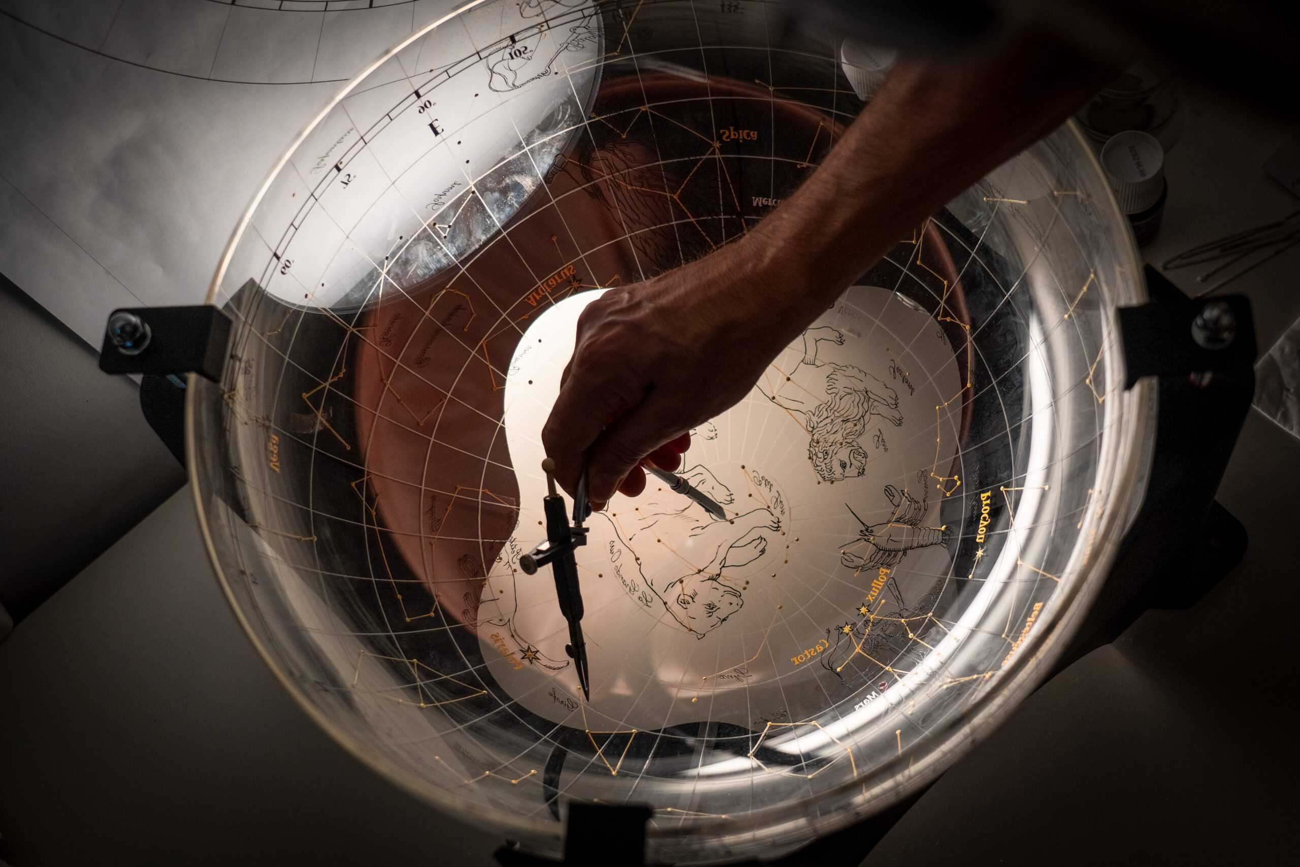 The dome’s celestial vault was hand-painted in reverse on the interior surface of the glass