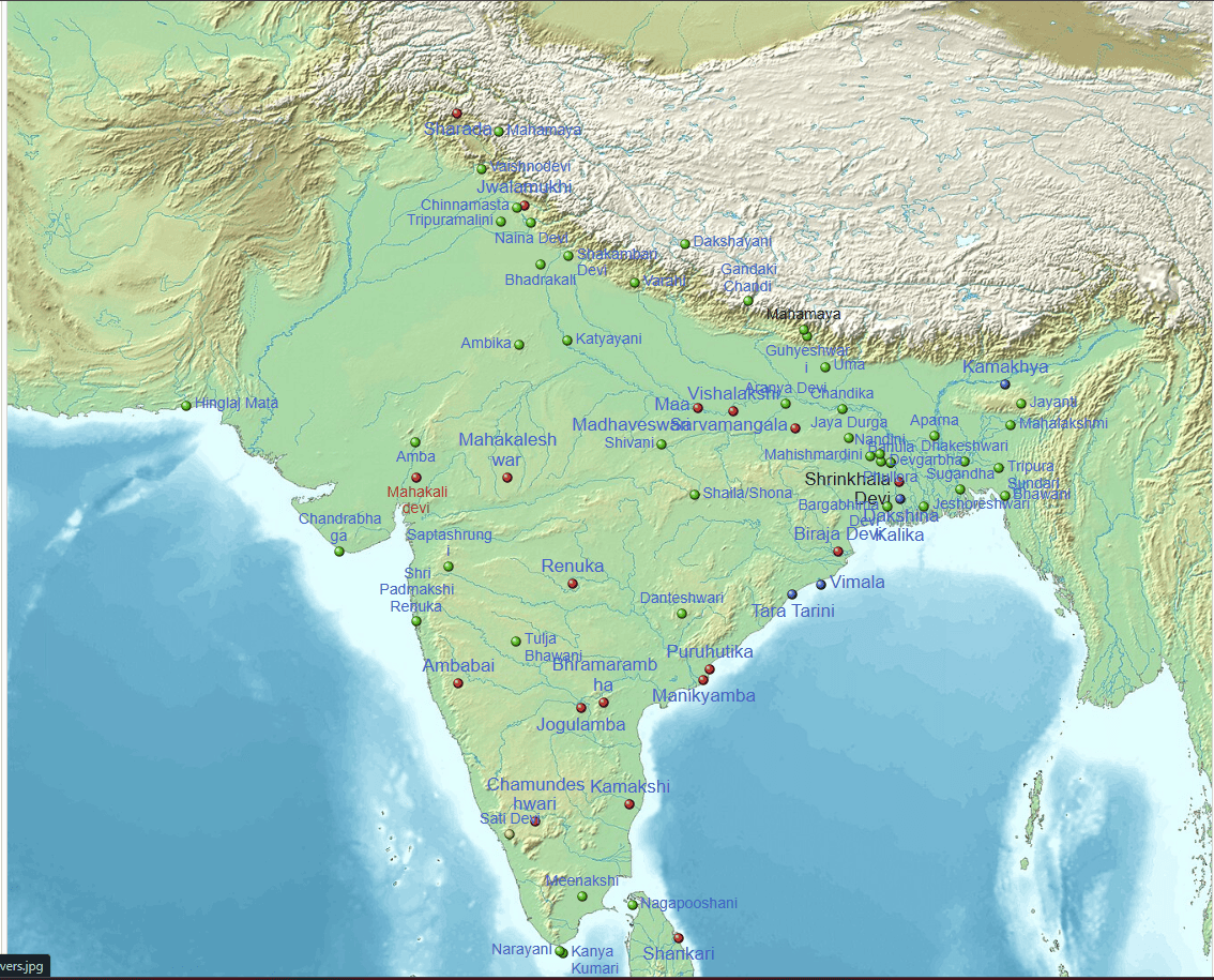Shakti names at locations of Shakti Peethas. Courtesy: Wikimedia Commons