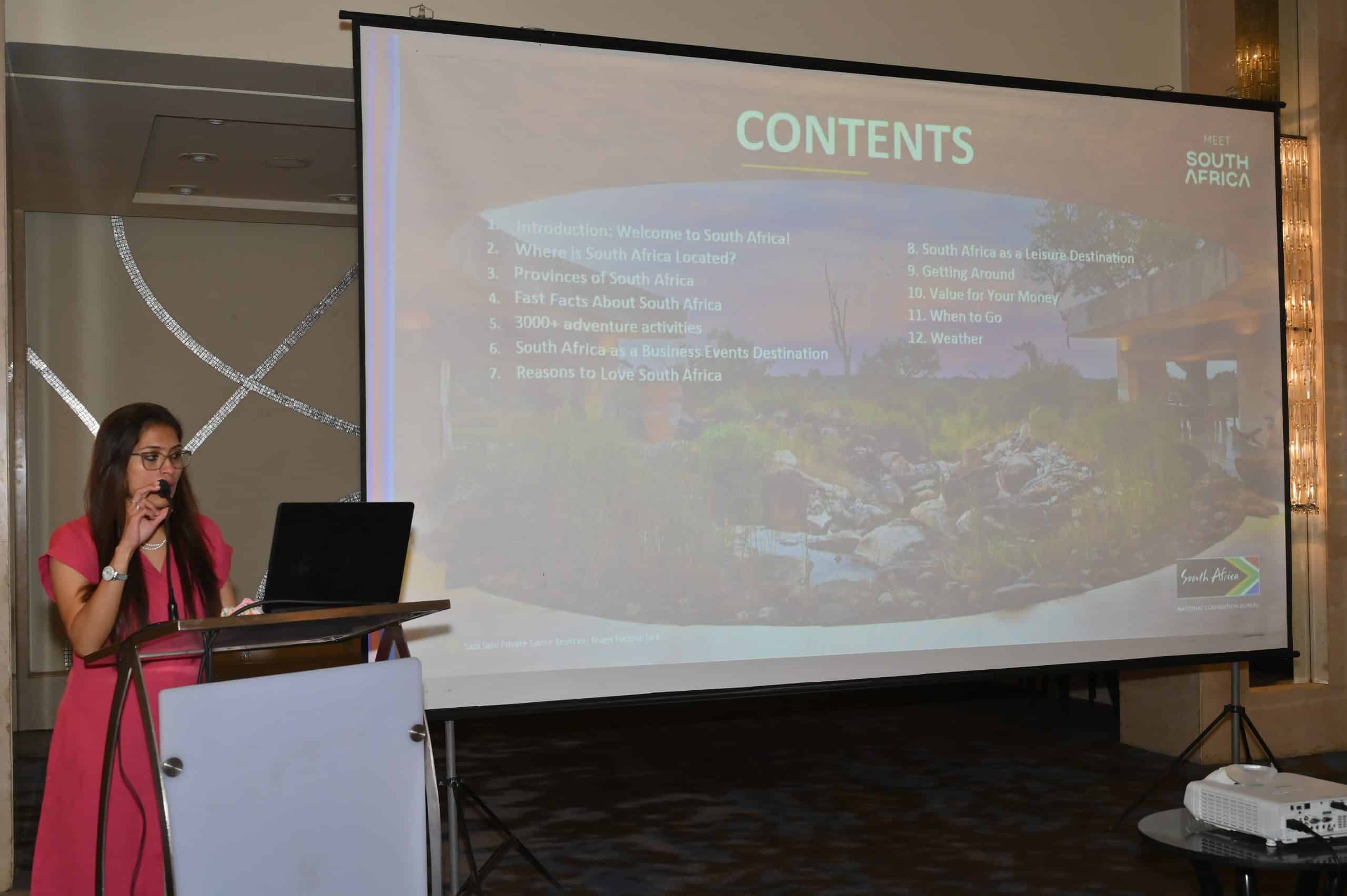 Deepika Nair, Acting Trade Manager, South African Tourism, presenting destination insights during the Corporate MICE Think Tank in Pune, 2025.