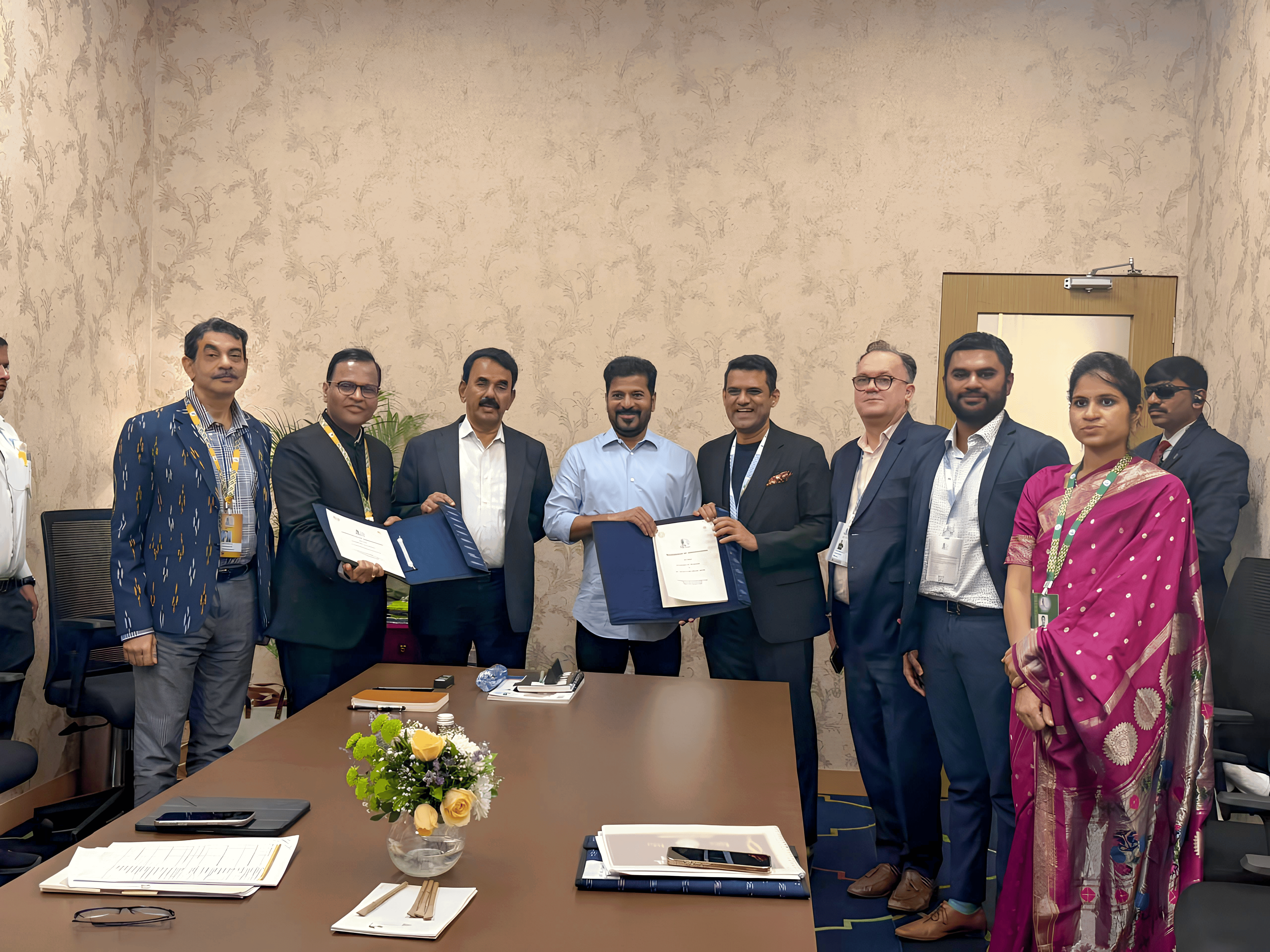 From Left to Right: Jayesh Ranjan Spl CS YACT, Ramakrishna Rao Chief Secretary Telangana State, Jupally Krishna Rao Minister Excise and Tourism, A Revanth Reddy CM, Ritesh Mastipuram, Founder & Managing Director, Ridhira Group, Philip Logan, Group President, Ridhira Group, Jai Simha and Kranthi V TGTDC MD and Director Tourism