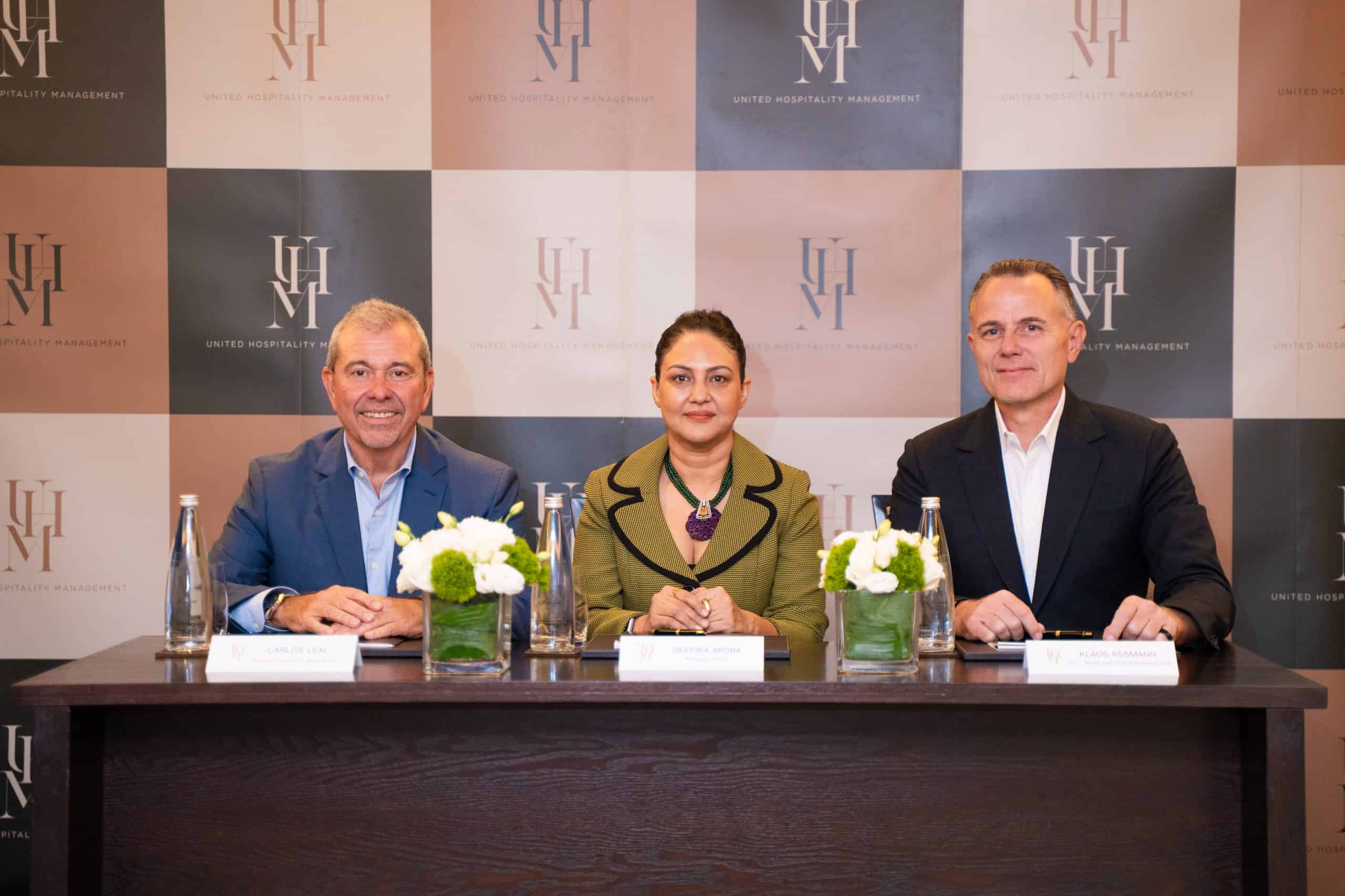 From L-R: Carlos Leal, Executive Chairman and Board member, UHM - Global, Deepika Arora, MD, UHM India, Klaus Assmann – COO, UHM- Middle East, India, and Southeast Asia, United Hospitality Management