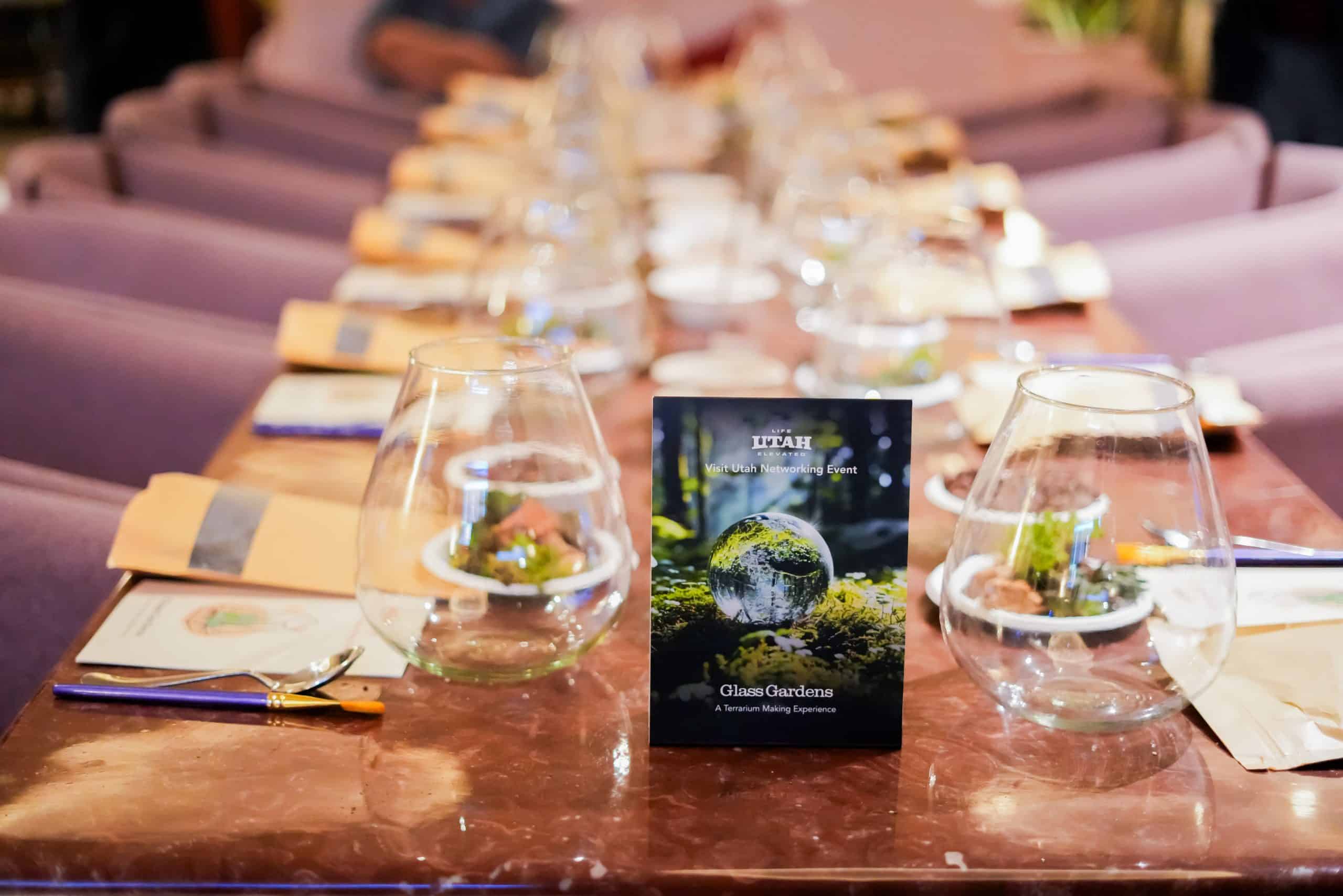 Table settings for the Glass Gardens terrarium at the Utah networking event