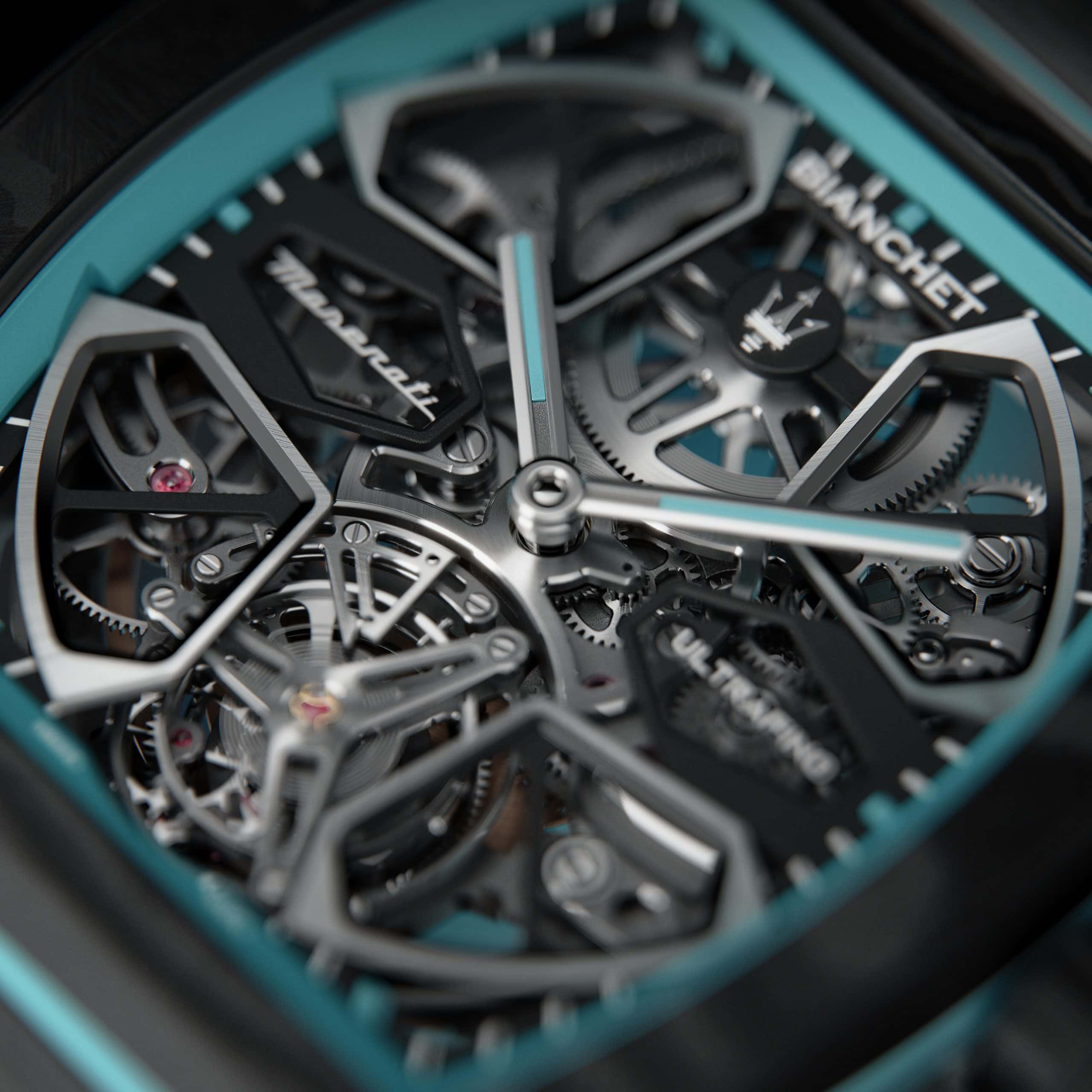 The open-worked skeleton dial takes inspiration from the MCPURA’s birdcage-design wheel architecture, including its triple split-spoke design that forms a Trident motif