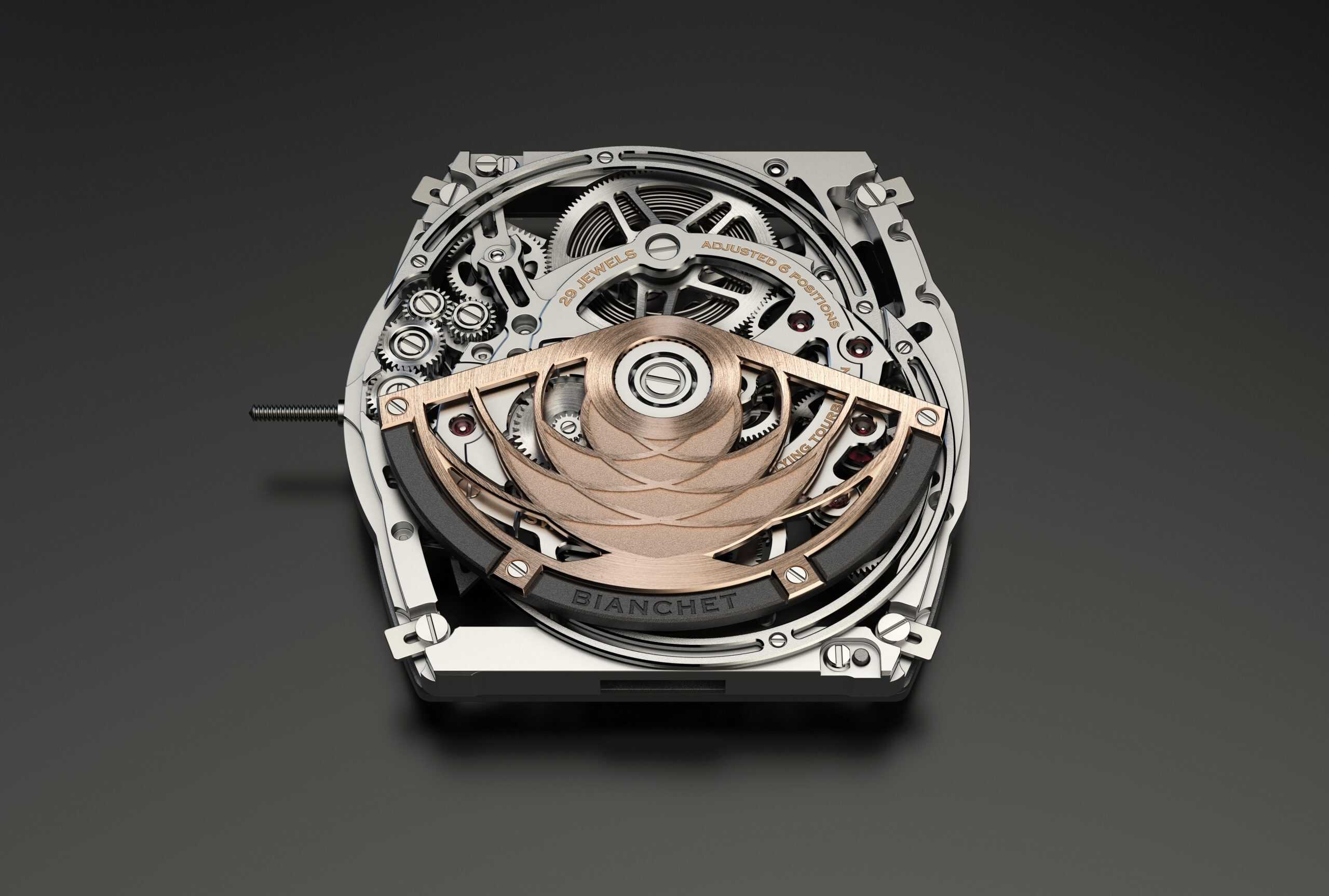 At the centre of the watch is the Bianchet UT01 calibre, an automatic flying tourbillon movement