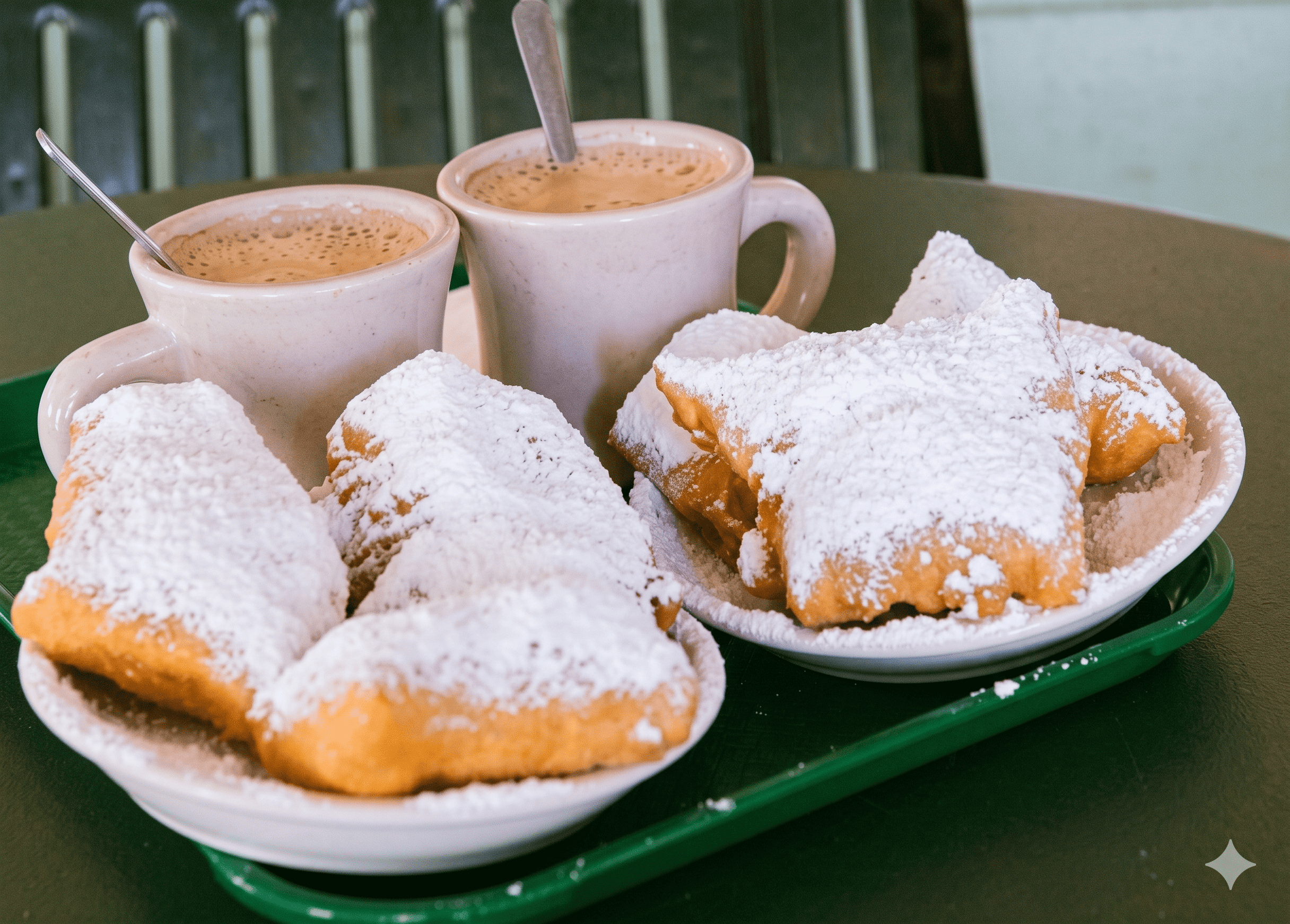 Classic New Orleans beignets dusted with powdered sugar, served with café au lait