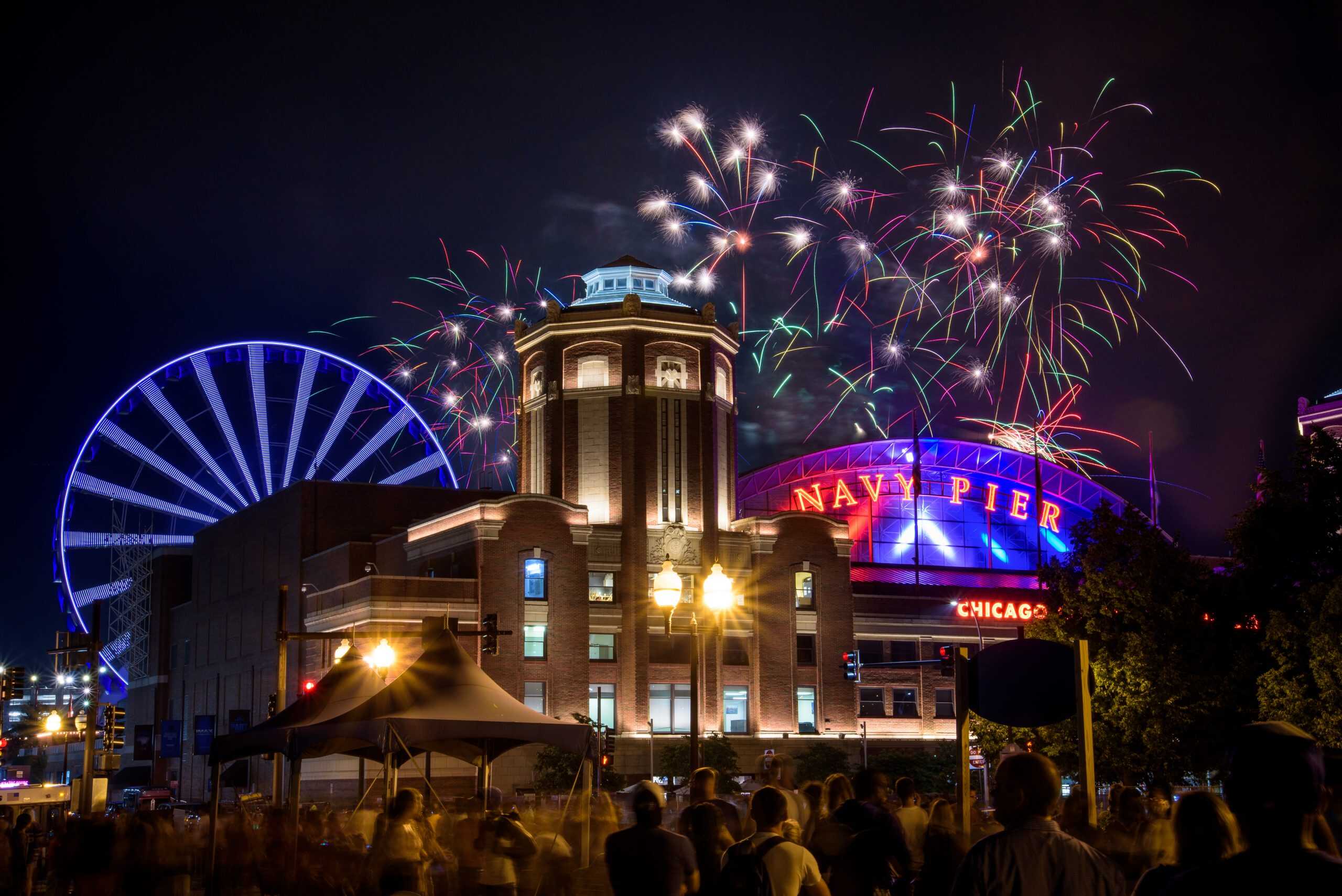 Fireworks light up Navy Pier as crowds gather beneath Chicago’s glowing skyline