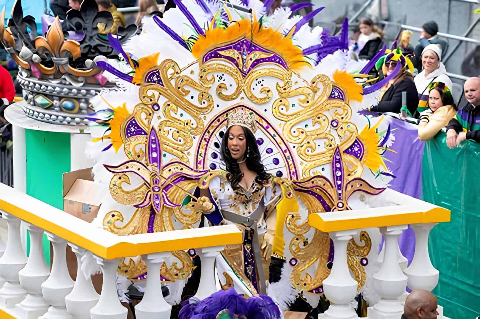 A costumed Mardi Gras rider brings pageantry, glamour, and carnival spirit to the Louisiana parade route.