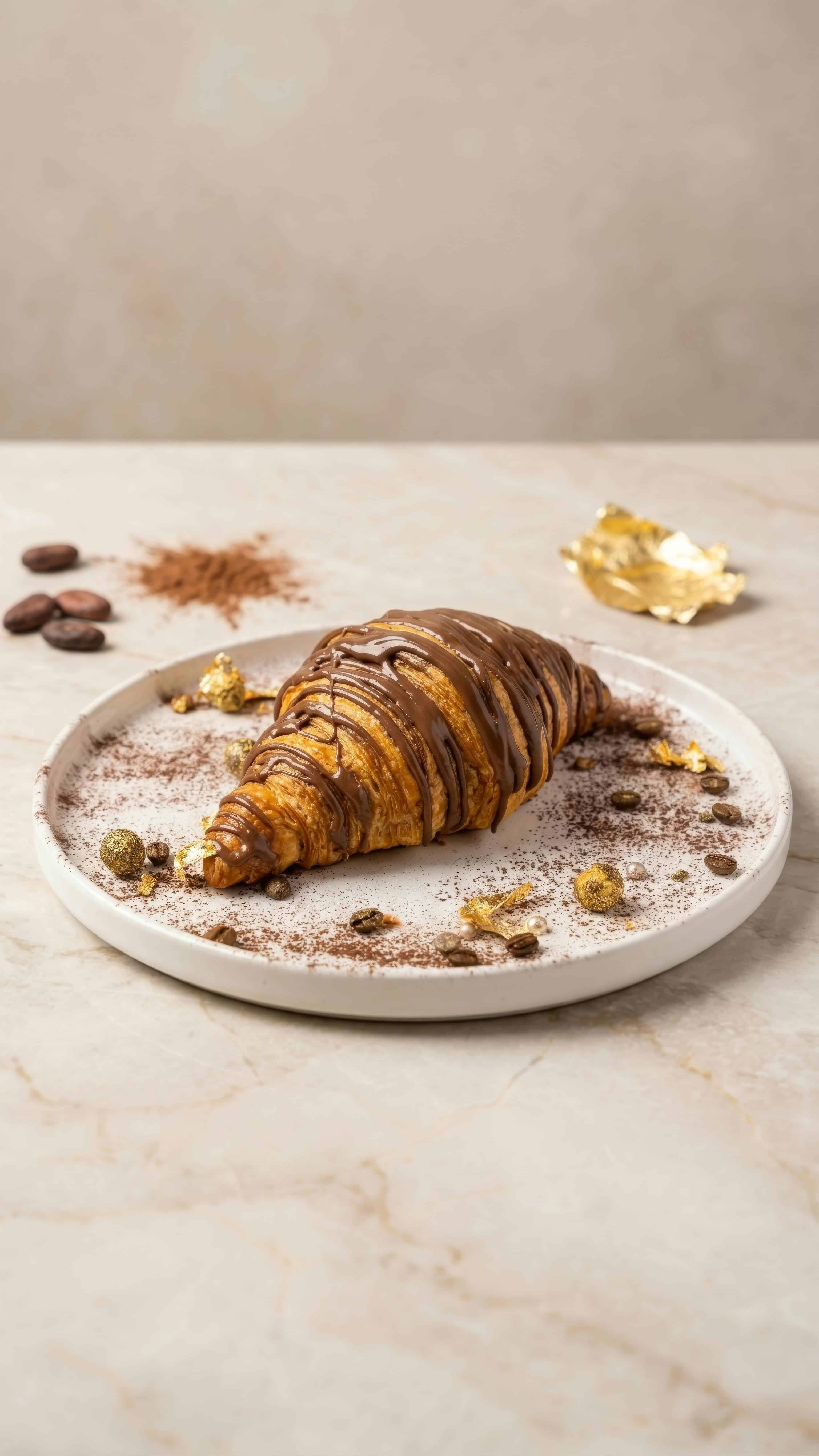 Chocolate croissant garnished with nuts and gold Flakes. Courtesy: mehmetakifarts, pexels