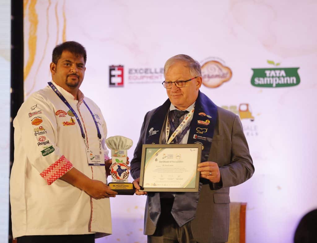 Chef Amey Marathe, President, TCA; felicitating Pascal Loreau, Head, Bureau de France; at the Telangana Chefs Association 7th Anniversary celebrations and Safe Food – Safe Nation Conclave, organised by The Telangana Chefs Association (TCA), affiliated with the Indian Federation of Culinary Associations (IFCA) and the World Association of Chefs' Societies (Worldchefs), at Taj Deccan.