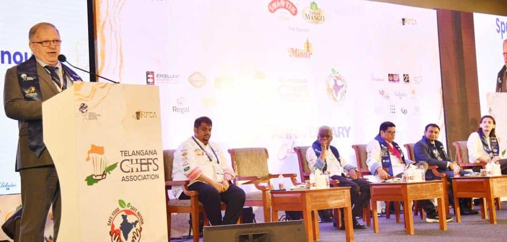 Pascal Loreau, Head, Bureau de France; speaking at the Telangana Chefs Association 7th Anniversary celebrations and Safe Food – Safe Nation Conclave, organised by The Telangana Chefs Association (TCA), affiliated with the Indian Federation of Culinary Associations (IFCA) and the World Association of Chefs' Societies (Worldchefs), today at Taj Deccan. (L-R) Chef Amey Marathe, President, TCA; Chef Vijayabaskaran, General Secretary of the Indian Federation of Culinary Associations (IFCA); Chef Dharmender Lamba, Founder President, TCA; Arnab Gupta, General Manager, Taj Deccan, Hyderabad; & Hugo Cauvet, Director, Alliance Française of Hyderabad