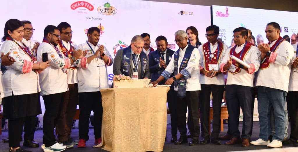 Pascal Loreau, Head, Bureau de France; cutting the cake at the Telangana Chefs Association 7th Anniversary celebrations and Safe Food – Safe Nation Conclave, organised by The Telangana Chefs Association (TCA), affiliated with the Indian Federation of Culinary Associations (IFCA) and the World Association of Chefs' Societies (Worldchefs), today at Taj Deccan. Chef Amey Marathe, President, TCA; Arnab Gupta, General Manager, Taj Deccan, Hyderabad; Chef Vijayabaskaran, General Secretary of the Indian Federation of Culinary Associations (IFCA); Hugo Cauvet, Director, Alliance Française of Hyderabad; Chef Naveen Nagraj, General Secretary, TCA; & Ramesh Reddy, Executive Member, TCA