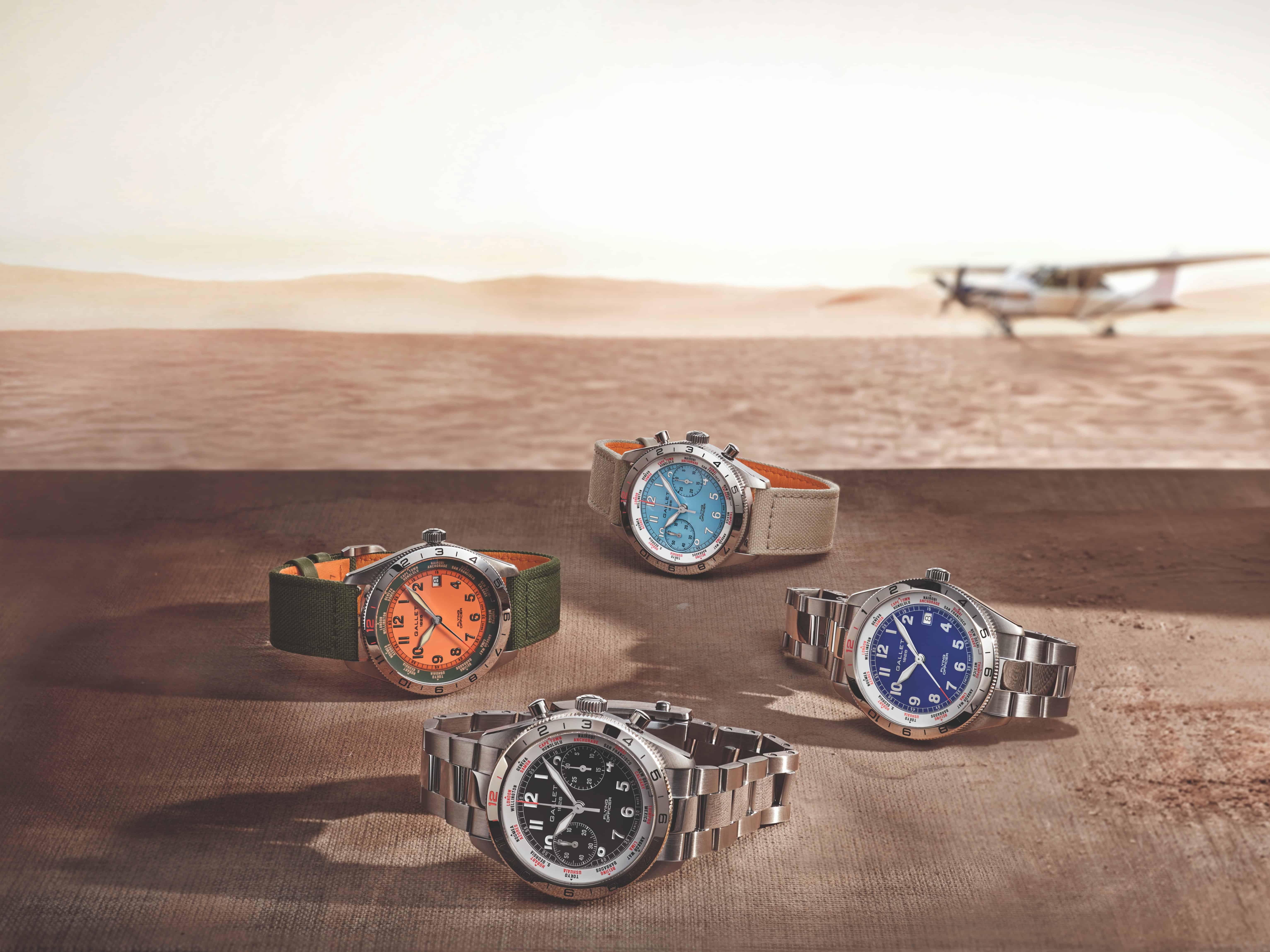Gallet 1826 watches capture the spirit of aviation and exploration against a desert landscape