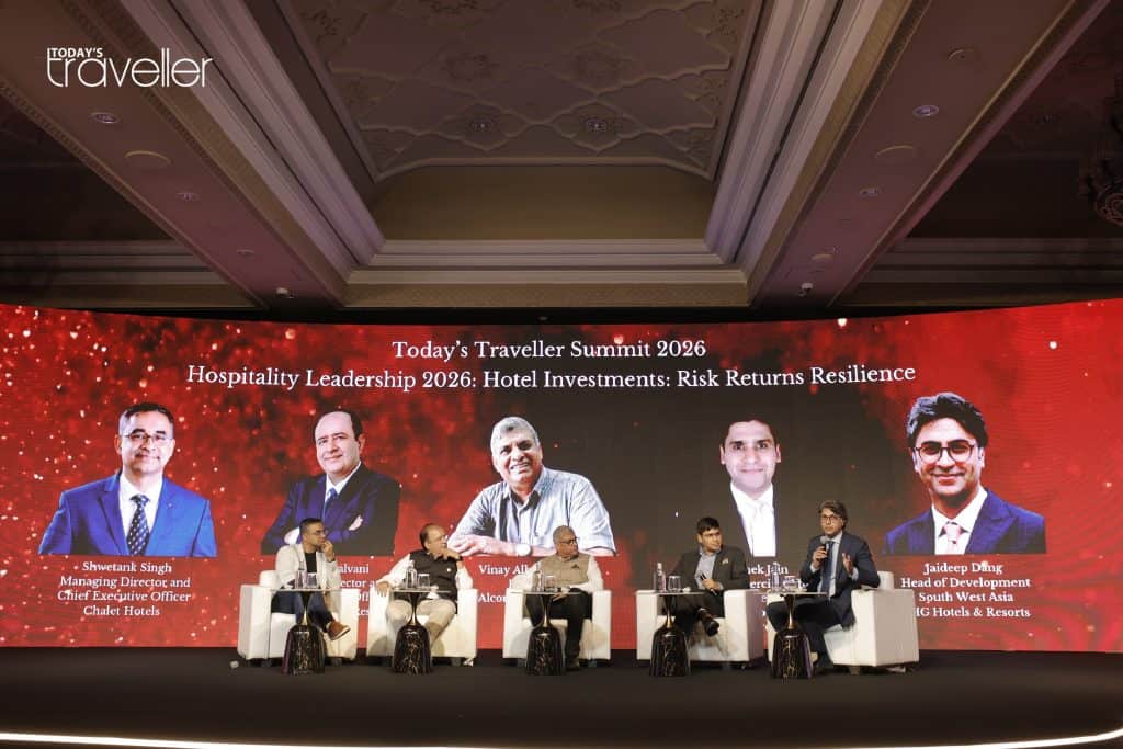 The panel discussion titled, Investments in India: Risk, Returns and Resilience, at the Today’s Traveller Summit & Awards 2026 featured an eminent panel of industry leaders — Shwetank Singh, Managing Director & Chief Executive Officer, Chalet Hotels; Vinay Alburquerque, Director, Alcon Victor Group; Vikram Lalvani, Managing Director & Chief Executive Officer, Sterling Holiday Resorts; and Abhishek Jain, Chief Commercial Officer, Airport Land Development, Delhi International Airport, GMR Group. The session was moderated by Jaideep Dang, Head of Development, South West Asia, IHG Hotels & Resorts.