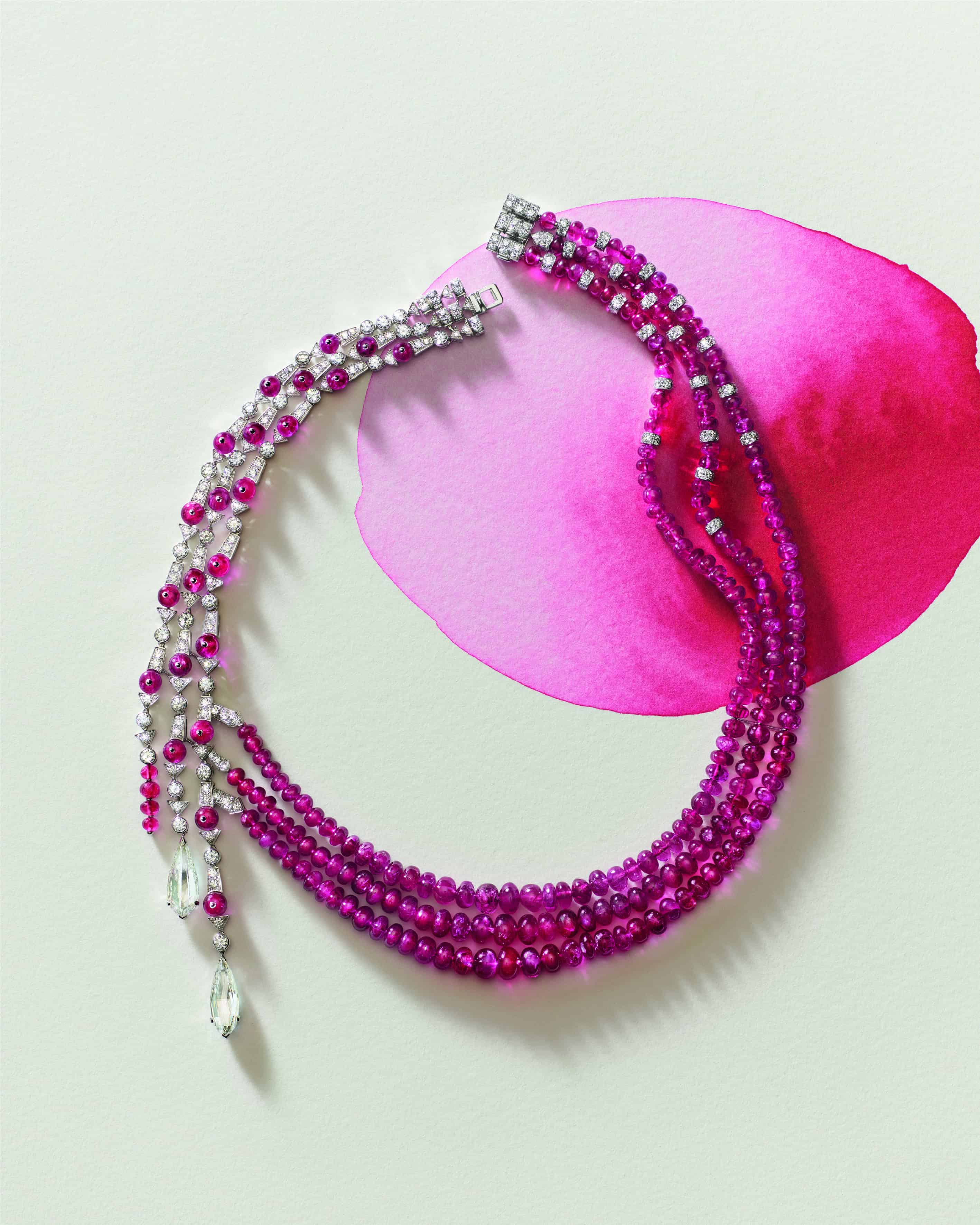 Tipaza is crafted in white gold with rubies and diamonds.
