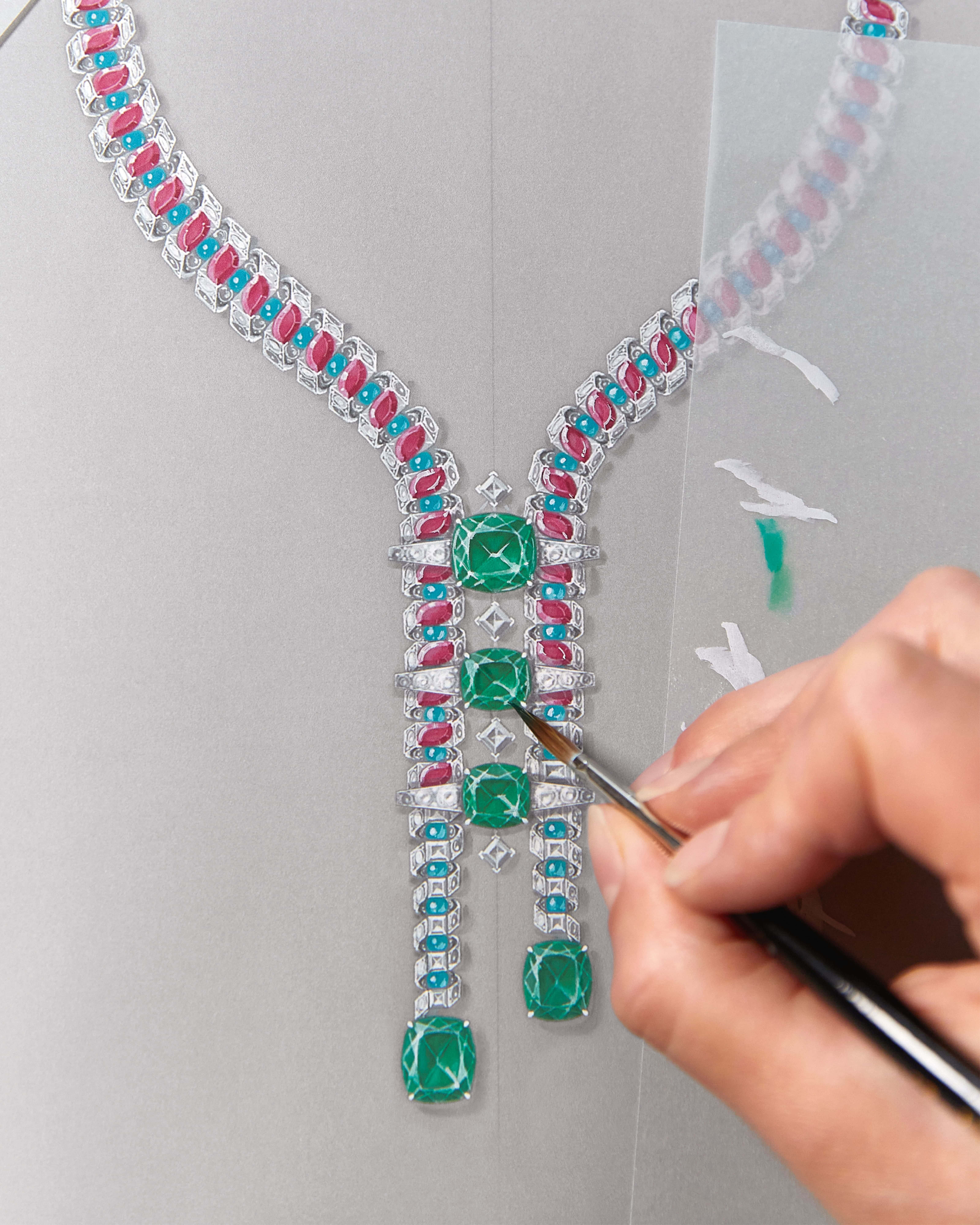 Fibria is made in platinum with emeralds, rubies, turquoise and diamonds.